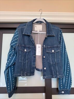 Pilcro Blue Denim Jacket with Teal Patterned Sleeves